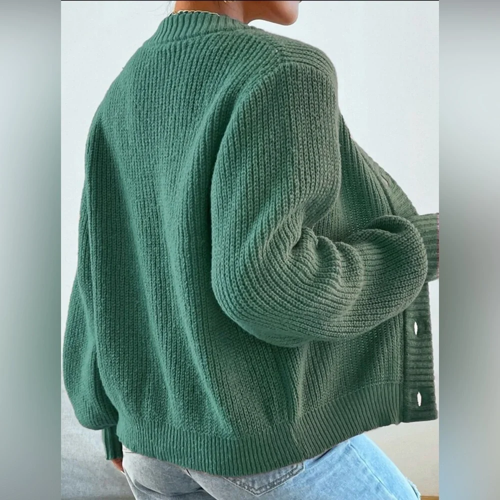 Dark Green Solid Button Front Cardigan | large